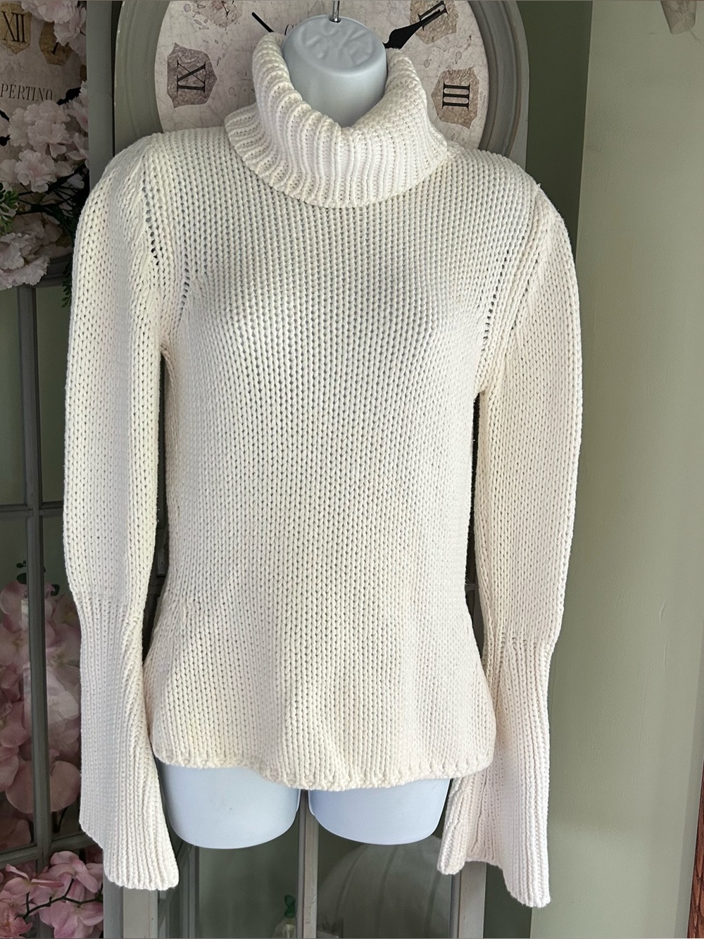 ZARA Chunky Cotton Ribbed Turtleneck Sweater w/ Bell Sleeves Creamy White Sz M